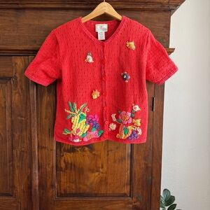 Vintage Susan Bristol Hand Embroidered Floral Cardigan Novelty Knit Sweater 90s